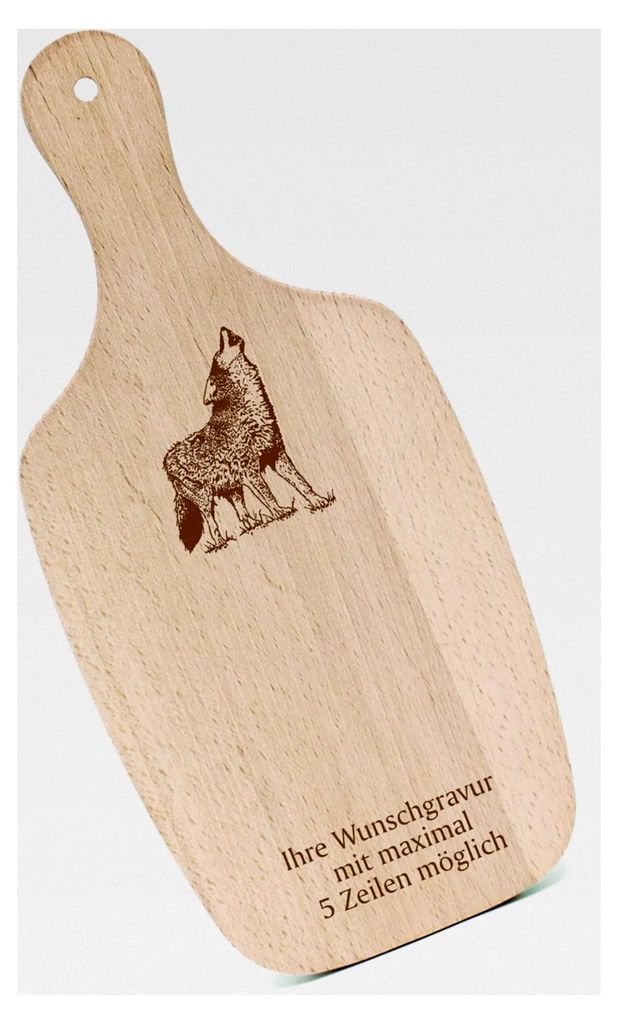 Schneidebrett Frühstücksbrettchen mit Gravur - heulender Wolf - mit Griff 330x150 Holzbrett Küche