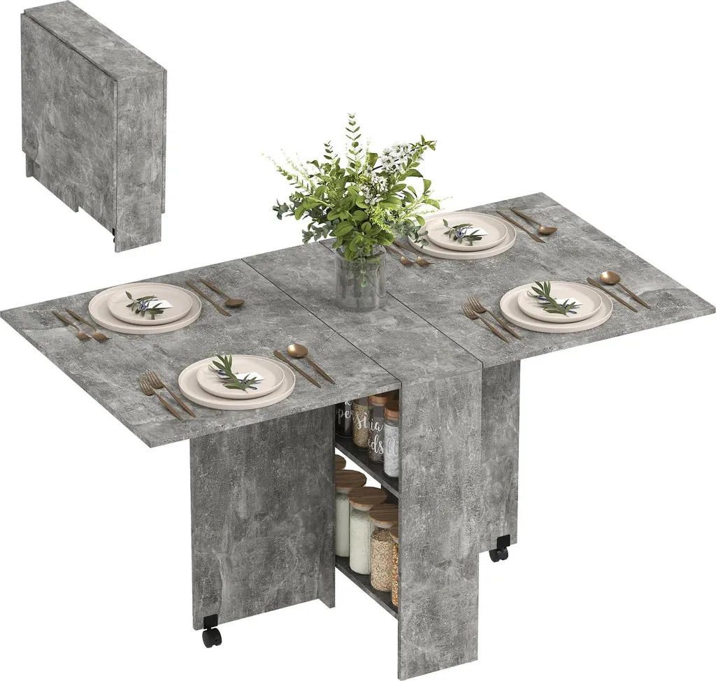 Grande table de repas escamotable grise pour 6 personnes avec étagères