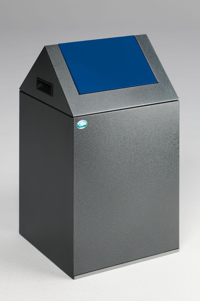 Selbstlöschender Wertstoffsammler spitz mit Einwurfklappe | 43 Liter, HxBxT 60x32x32cm | Verzinkter Stahl | Grau-Blau