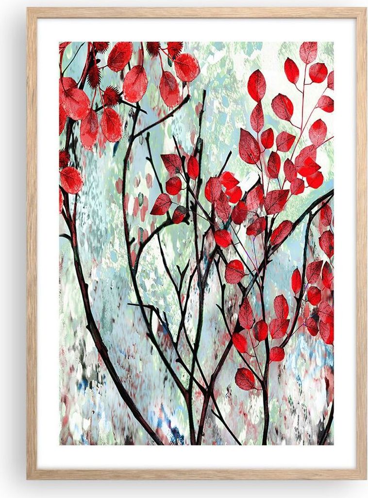 Gerahmtes Poster - Rahmen in heller Eiche - Rot Blätter Zweige - 50x70 cm - Wand Bild - Wanddeko - Wandbilder - Kunstposter - Wandposter - Bilderr...
