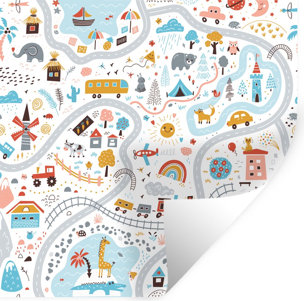 MuchoWow Wandtattoo Wandsticker Wandaufkleber Kinder - Auto - Stadt - Tiere 50x50 cm Selbstklebend und Repositionierbar - Selbstklebend - Fototap...