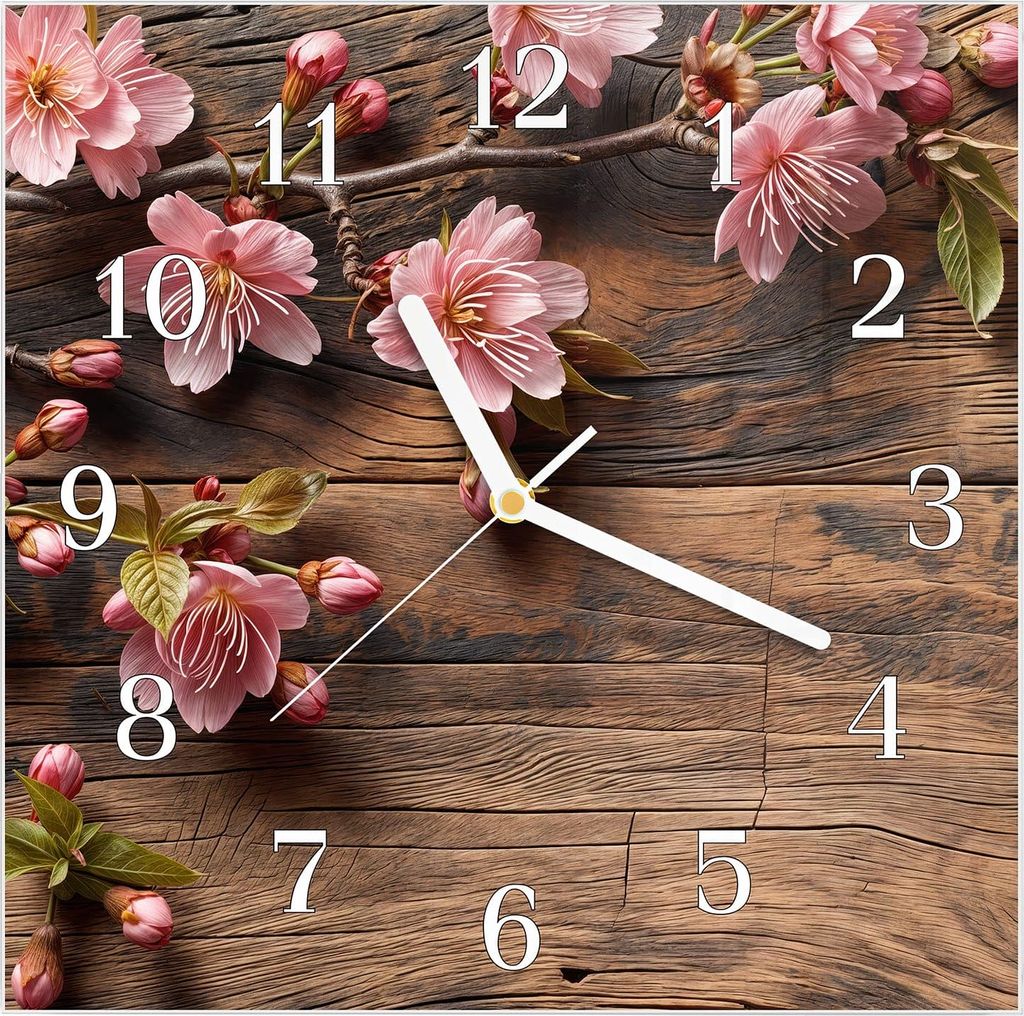 Wanduhr aus Glas mit Motiv Holzblüten- 30 x 30 cm - inkl. Aufhängesystem