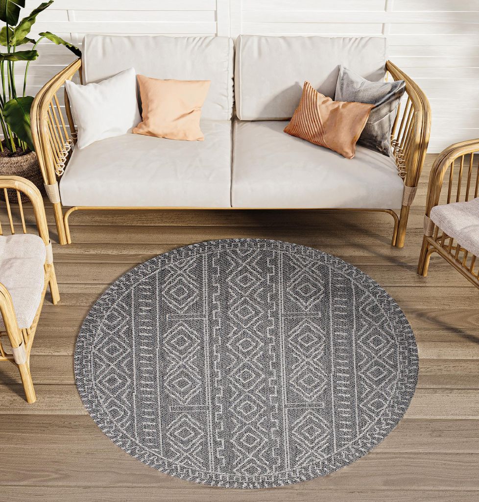 Teppich Rund Outdoor Wohnzimmer Schlafzimmer Dunkelgrau Boho Ethno Terasse Balkon 160 x 160 cm