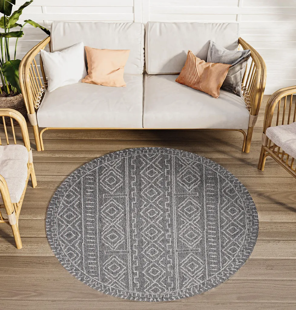 Tapis de terrasse rond 160 cm gris foncé pour déco extérieure Boho