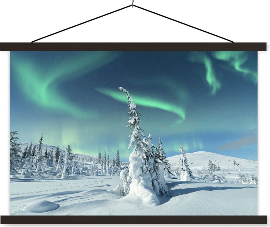MuchoWow Textilposter Nordlicht - Schnee - Landschaft - Winter - Höhle 150x100 cm mit schwarzem Rahmen - Schlafzimmer
