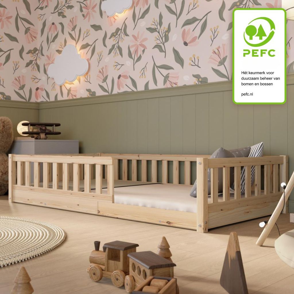 Crazy Pine kinderbed 120x200 cm – Massief houten Montessori Productafbeelding  AI-gegenereerde afbeelding