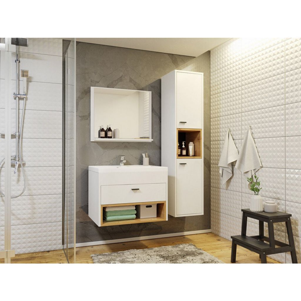 A modern bathroom vanity set with a mirror, sink, and storage cabinet.