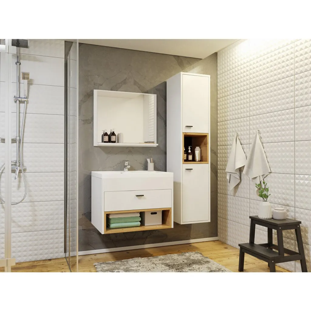 Aménager une petite salle de bain avec l'ensemble FAINCHE 1 chêne et blanc
