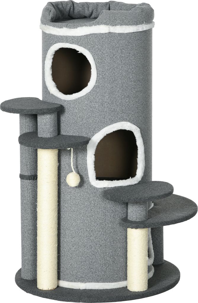 Katzen Kratztonne 99 cm Spieltonne mit Katzenbett, Spielball & Plattformen, Katzenmöbel, Grau,