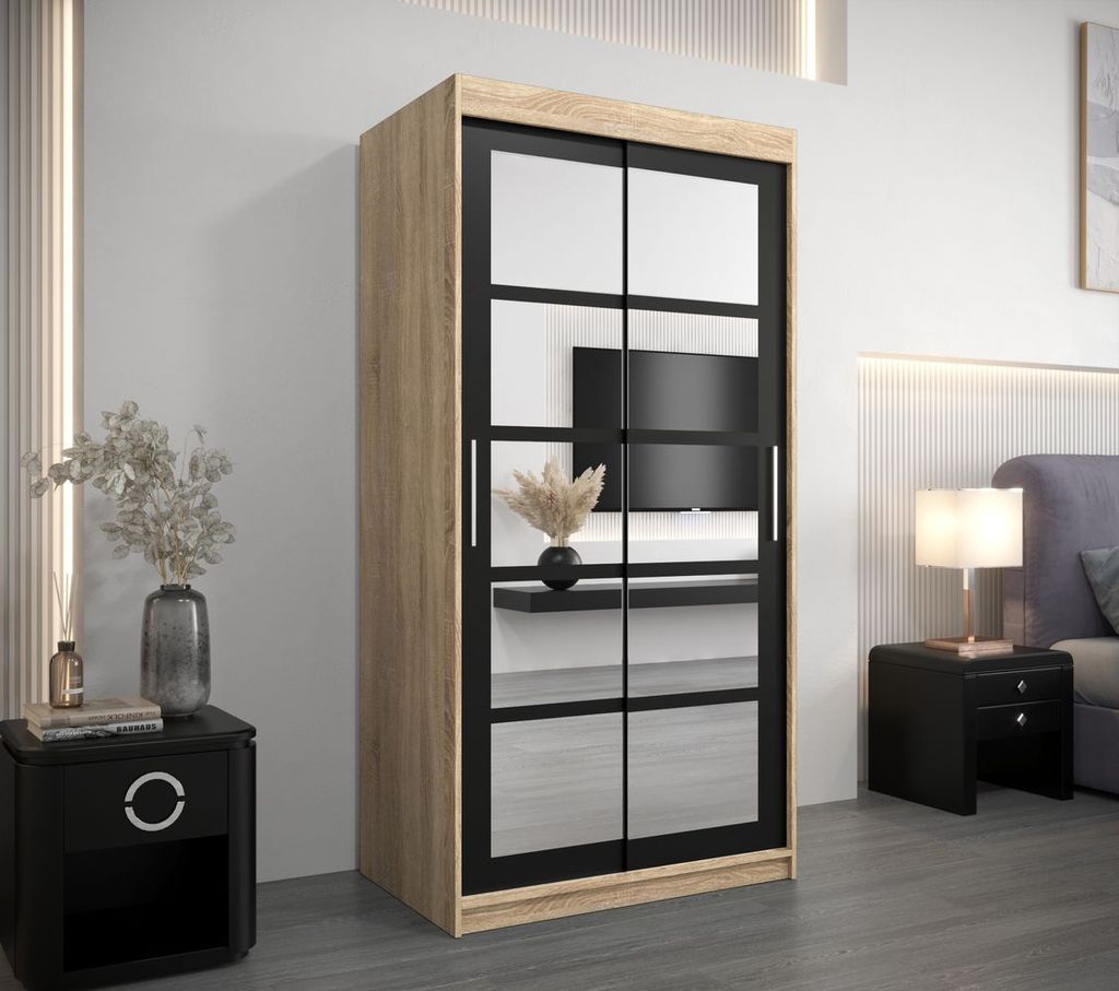 Kleiderschrank mit Spiegeln ALENA – Breite 100 cm, Sonoma-Eiche / Schwarz