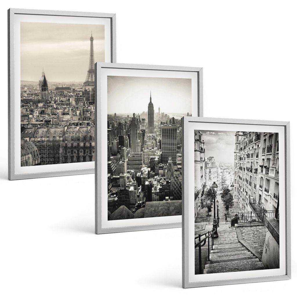 Bilder Set 3-teilig im silbergerahmten Rahmen – Wandbilder 3 Stück – gerahmte Poster für Wohnzimmer, Schlafzimmer und Flur – 40x60 cm – A...