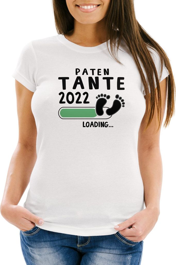 Damen T-Shirt Mama Oma Tante Patentente 2022 loading Geschenk für werdende Patentante Schwangerschaft Geburt Baby Slim Fit Moonworks weiß-schwa...