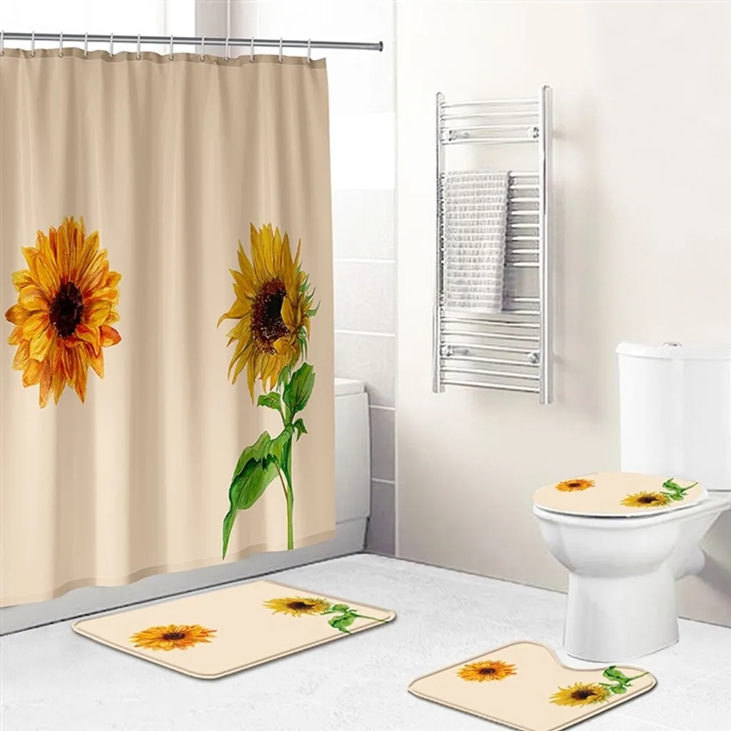 Set da 4 per il bagno con motivo floreale, composto da tenda da doccia impermeabile, tappetino da bagno, tappetino per il water e copriwater, stile 3
