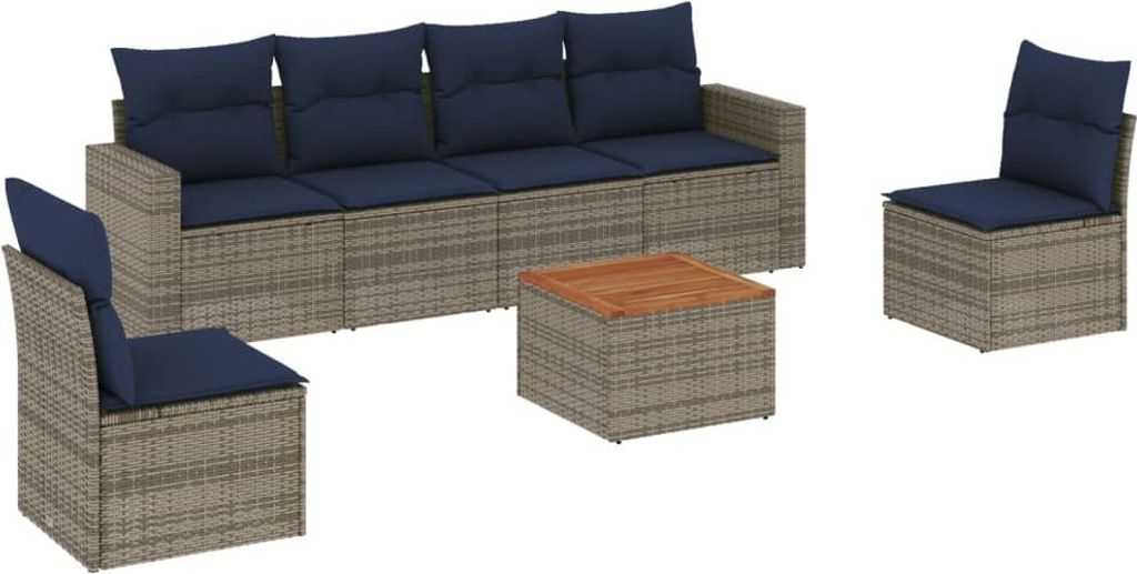 7-tlg. Garten-Sofagarnitur mit Kissen Grau Poly Rattan