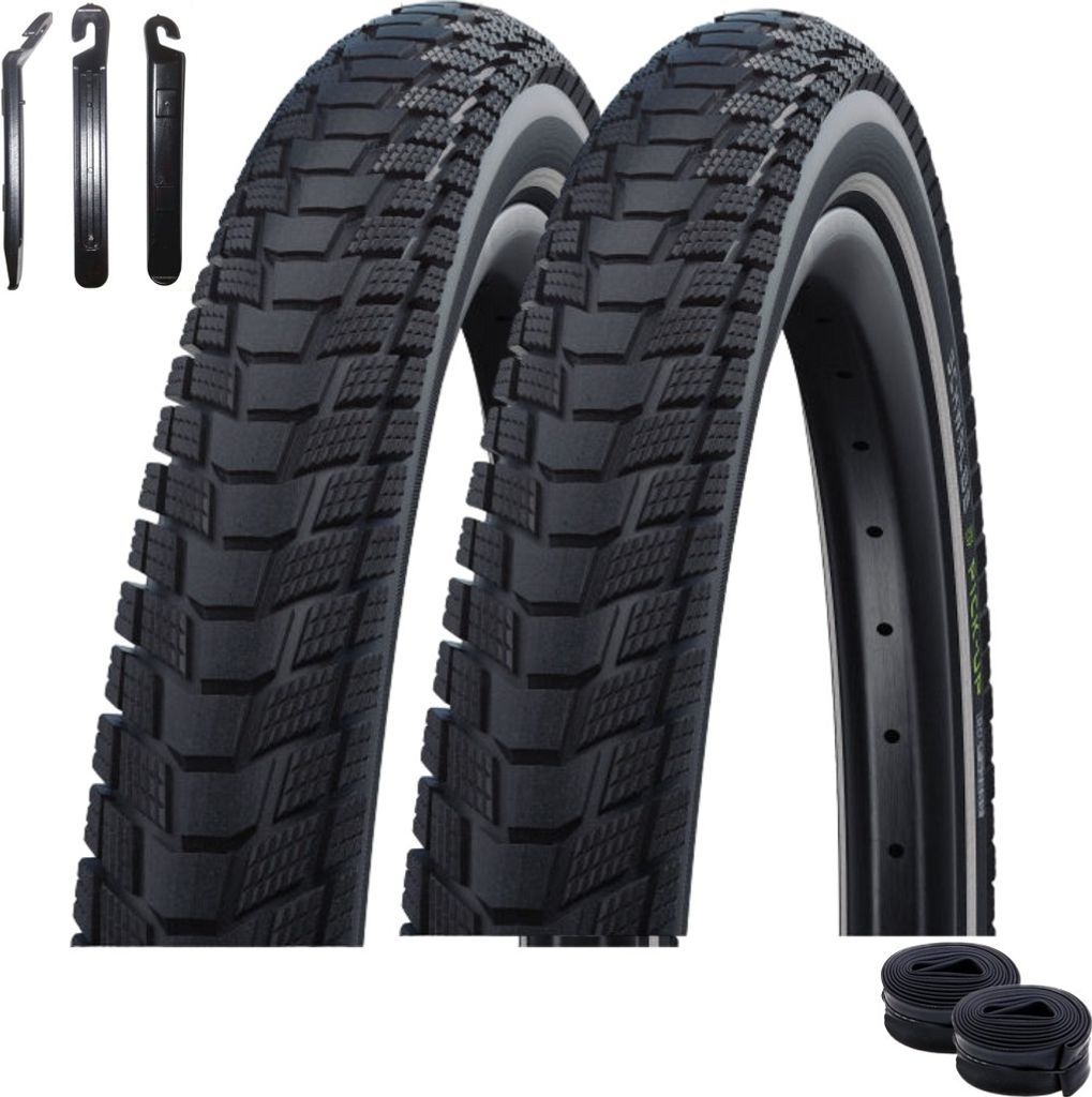 2 x Schwalbe Pick Up Fahrradreifen Addix Performance Line Schwarz/Reflex 65-584 (27,5 x 2.60) + 2 x Schwalbe Schläuche AV19F inkl. Reifenheber