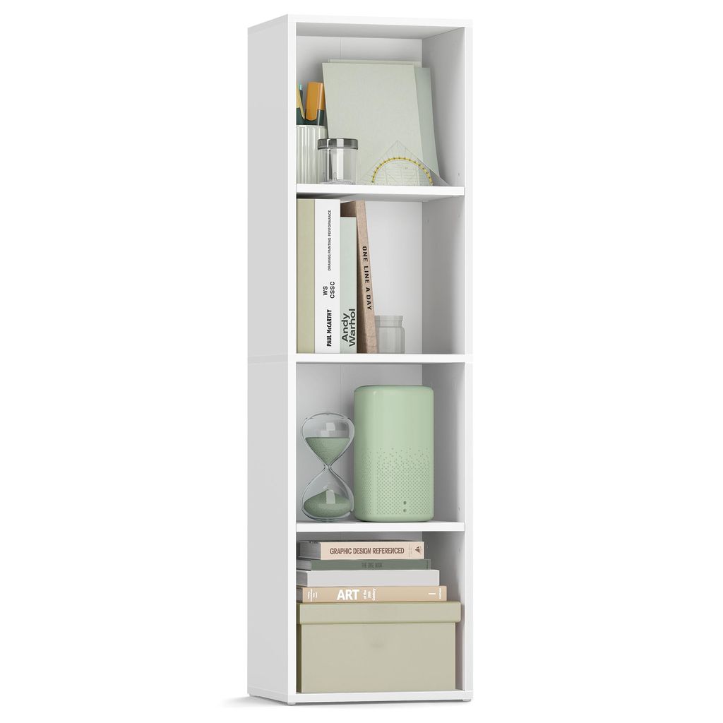 A white, four-shelf bookcase filled with various items.