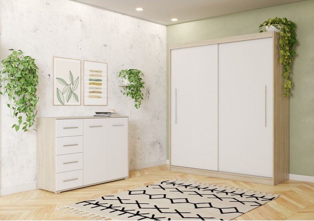 2er-Set Schwebetürenschrank Kleiderschrank Schrank zweitürig 204 cm Kommode 135 cm Schwarz/SonomaTorino II Frida 01