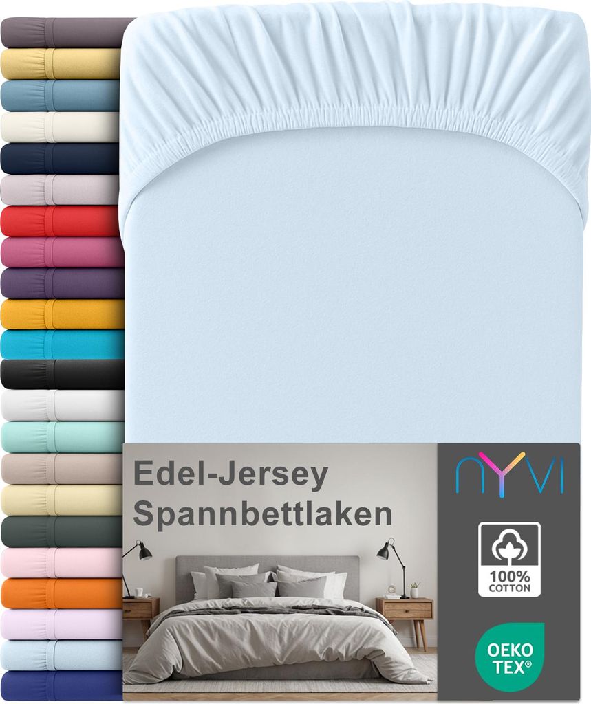 Edel Jersey Spannbettlaken Deluxe für Matratzen bis 25 cm Steghöhe - 100% Baumwolle supergekämmt, 140g/m², Rundumgummizug, Farbe:Hellblau, Grö...