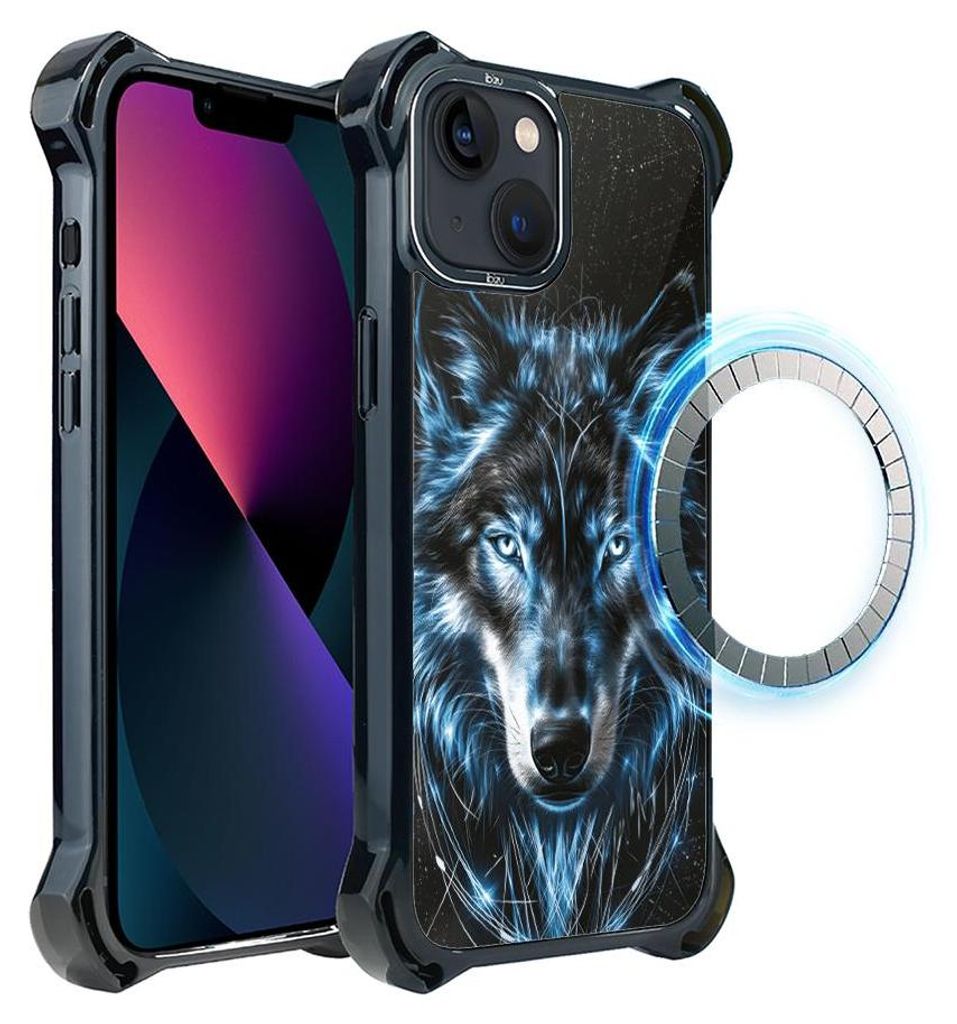 Schutzhülle für das iPhone 13, MagSafe-kompatibel, verstärkte Ecken, schwarz, Wolf