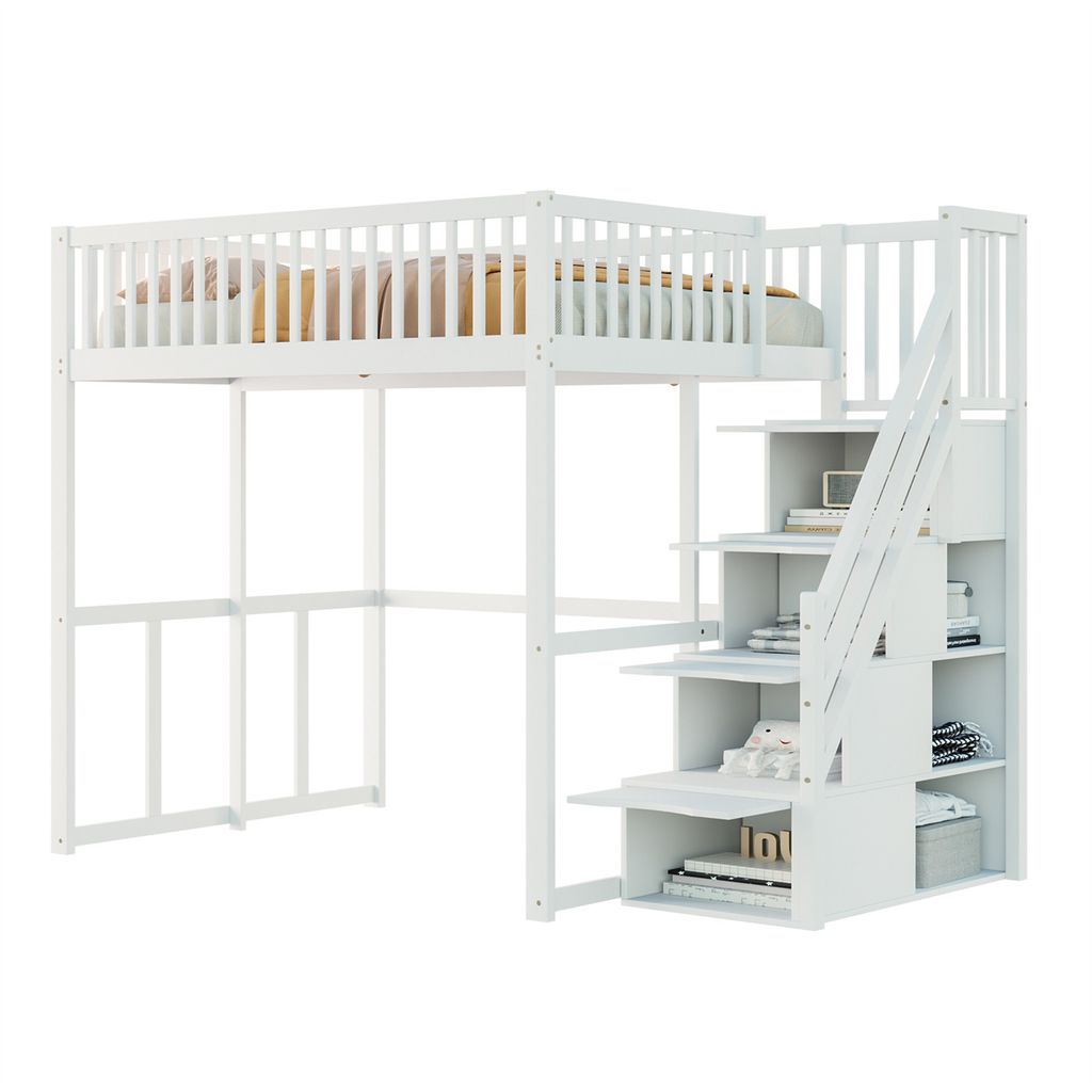 Hochbett(Weiß)140x200cm mit Sicherheitsaufbewahrungsleiter, Sicherheitsumrandung,Bettgestell aus massiver Kiefer,Geeignet für Kinder,Jugendliche