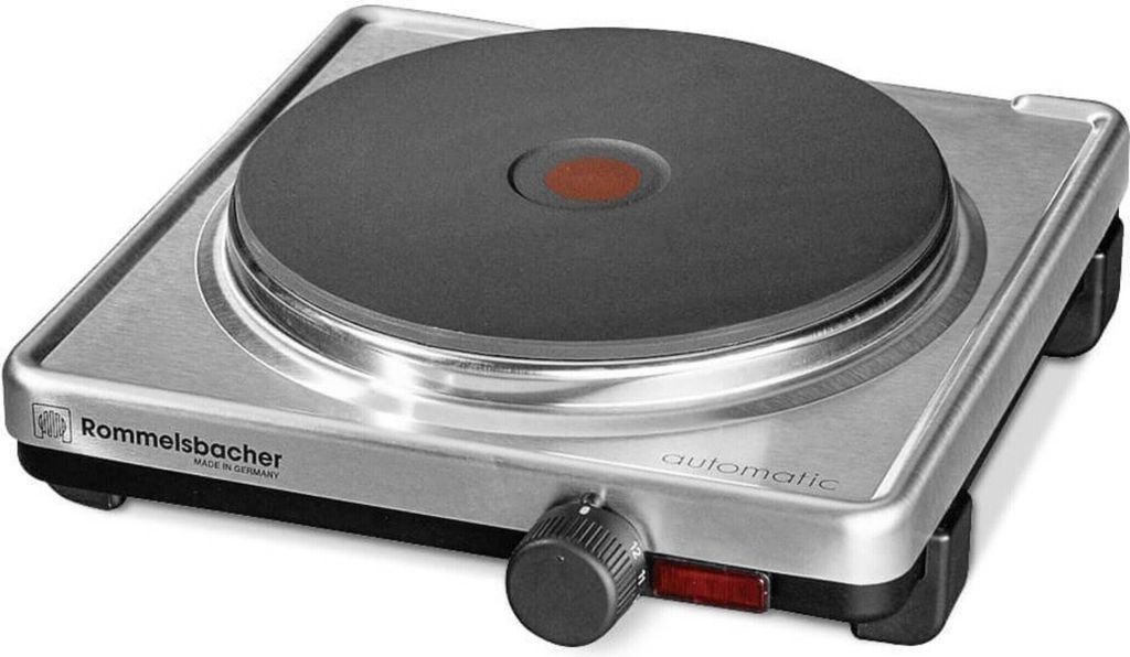 A close-up studio shot of a silver electric single burner hot plate with a black cooking surface, set against a white background.