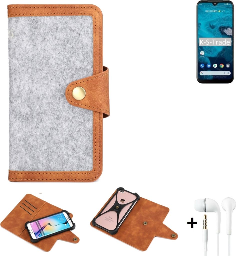 K-S-Trade Handyhülle + Kopfhörer kompatibel mit Kyocera Android One S9 Schutzhülle Filz Hülle Kunstleder hellgrau braun (1x)