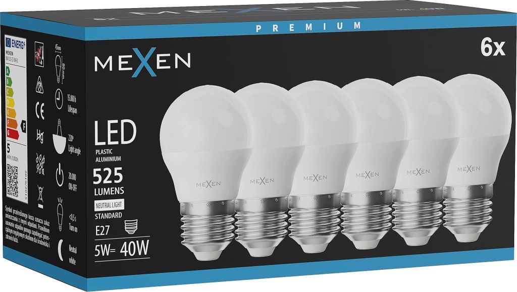 Mexen Nova 6x LED Glühbirne E27, G45, 5W, Neutral - 4000K, Produktbild 