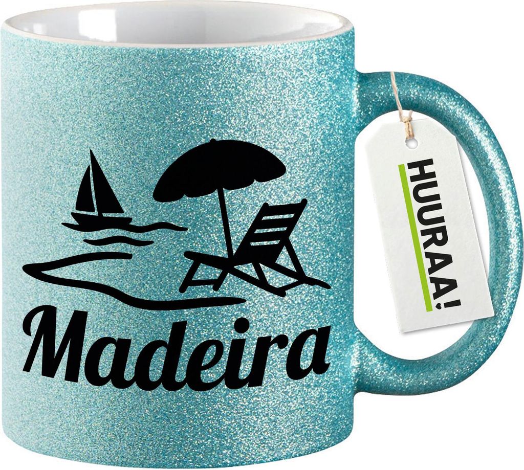 Huuraa Glitzertasse Madeira Inselmotiv Portugal 330ml Blau Keramik Kaffeebecher Geschenkidee