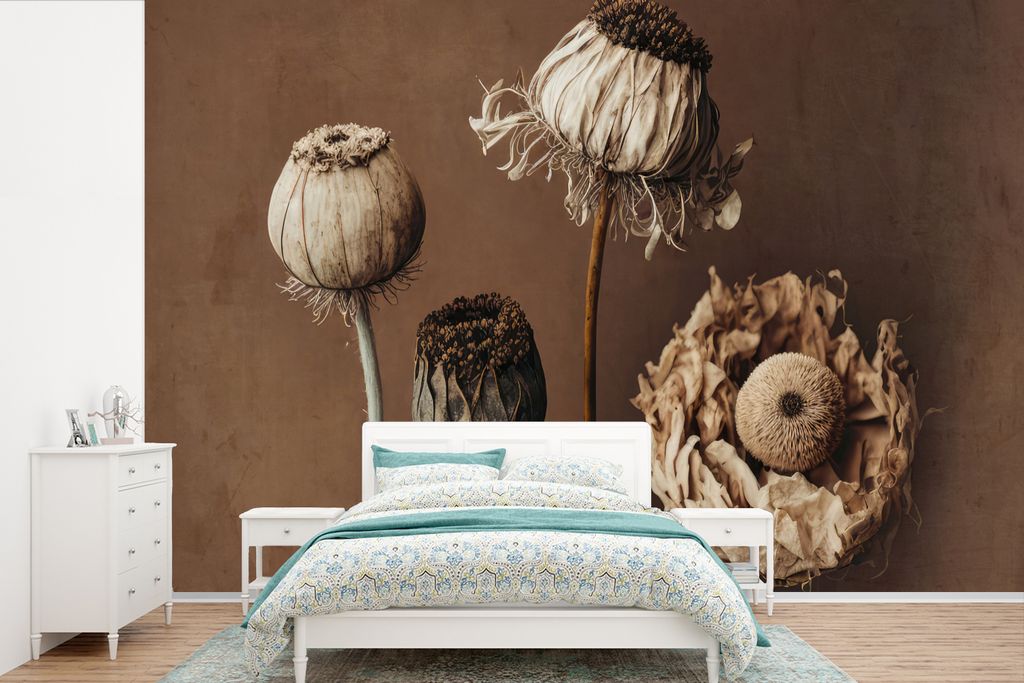 MuchoWow Fototapete für Wohnzimmer oder Schlafzimmer Wandtapete Vinyl Motivtapete Blumen - Pflanzen - Trockenblumen - Braun - 390x260 cm - Papie...