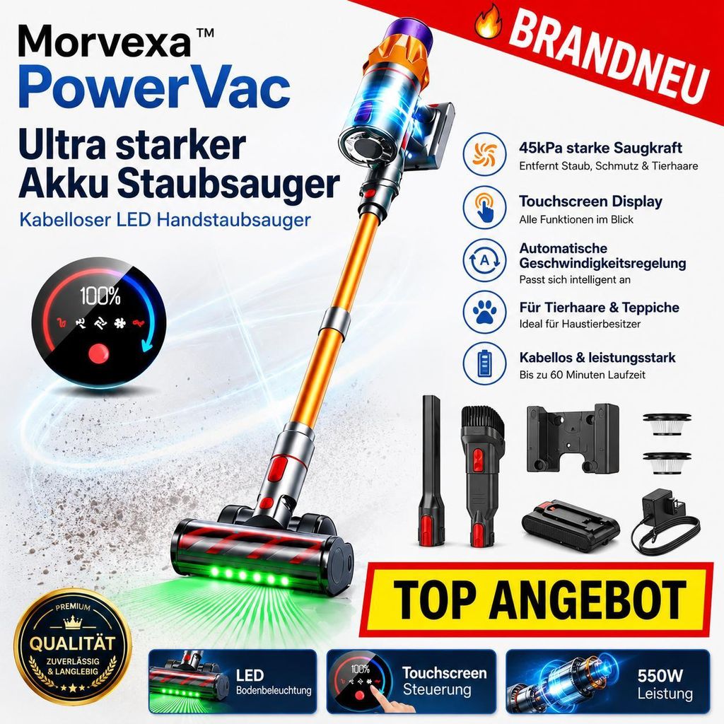 Morvexa PowerVac Akku Staubsauger Kabellos 550W 45kPa LED Handstaubsauger Beutellos mit Touchscreen & HEPA Filter