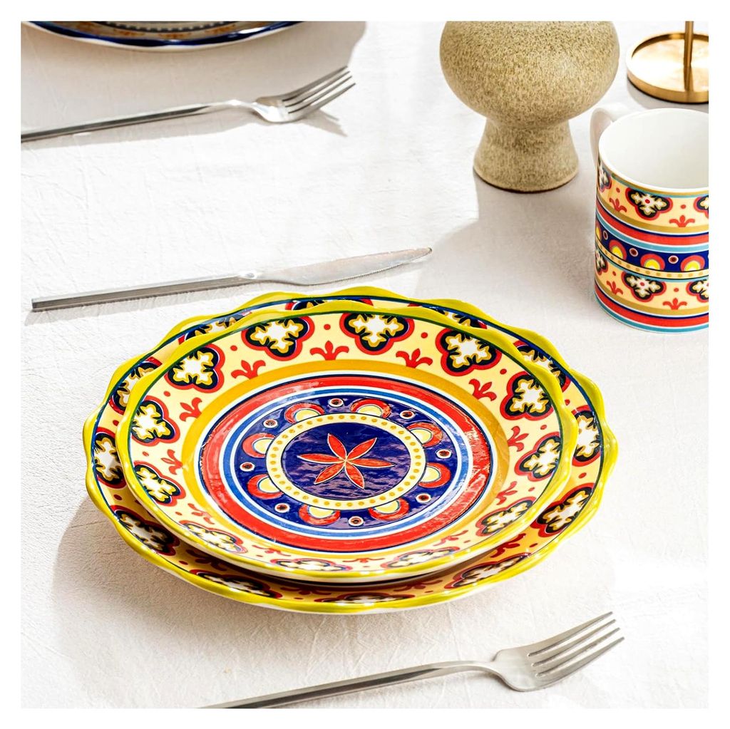 Dessert- und Salatteller Set aus Porzellan - 23 cm, Bunte Kuchenteller für 4 Personen mit Muster