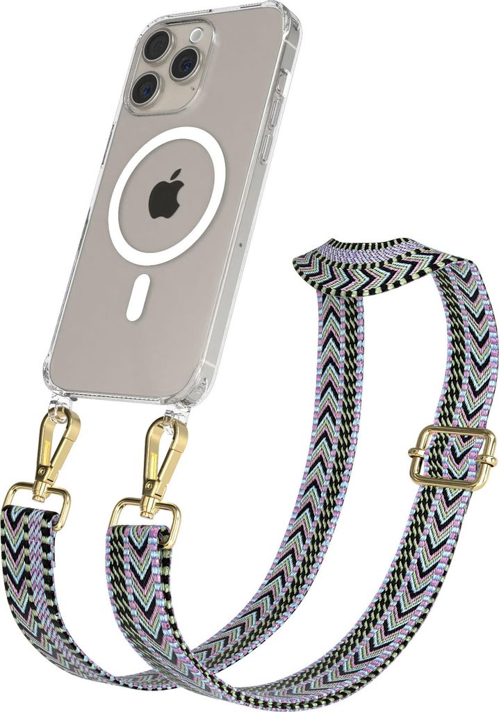 EAZY CASE - Handykette mit MagSafe Hülle für Apple iPhone 15 Pro Max, Handyband ZigZag Style,Karabiner Gold, Umhängeband in Lila