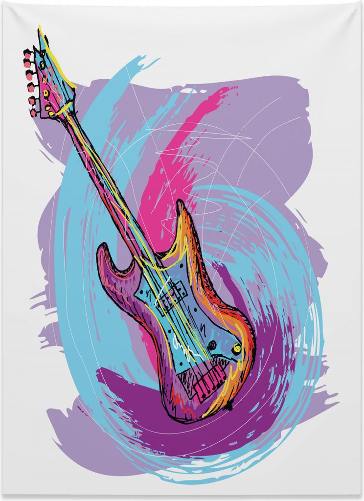 Abakuhaus Musik Wandteppich, Hand gezeichnete Gitarre Grunge aus Weiches Mikrofaser Stoff Kein Verblassen Klare Farben Waschbar, 110 x 150 cm, Lila...