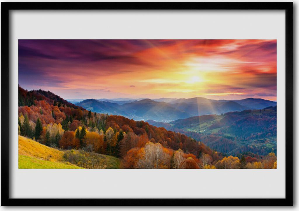 Bild 70x50 MDF-Rahmen Wandkunst Die Sun Mountain Waldlandschaft