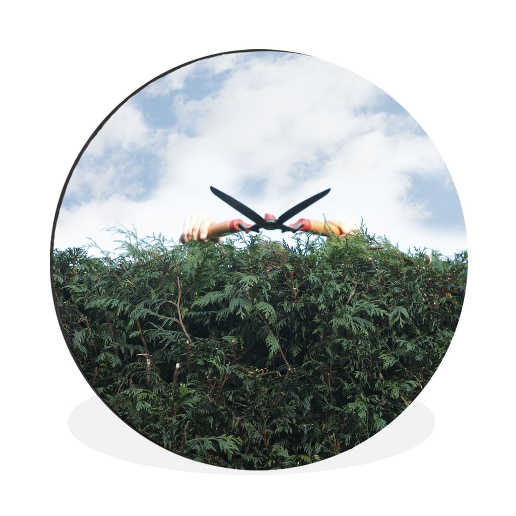 MuchoWow Aluminium Wandkreis Eine Hecke und eine Heckenschere Ø 90 cm Wanddeko Modern Wohnzimmer - Mauerkreis - Wandbilder - Runde Bild - Bild a...