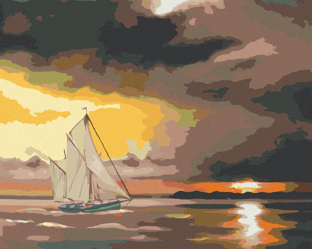 Zuty - Malen nach Zahlen - SEGELSCHIFF UND SONNE HINTER DEN FELSEN (D. RUSTY RUST), 40x50 cm, mit Keilrahmen (bereits gespannt)