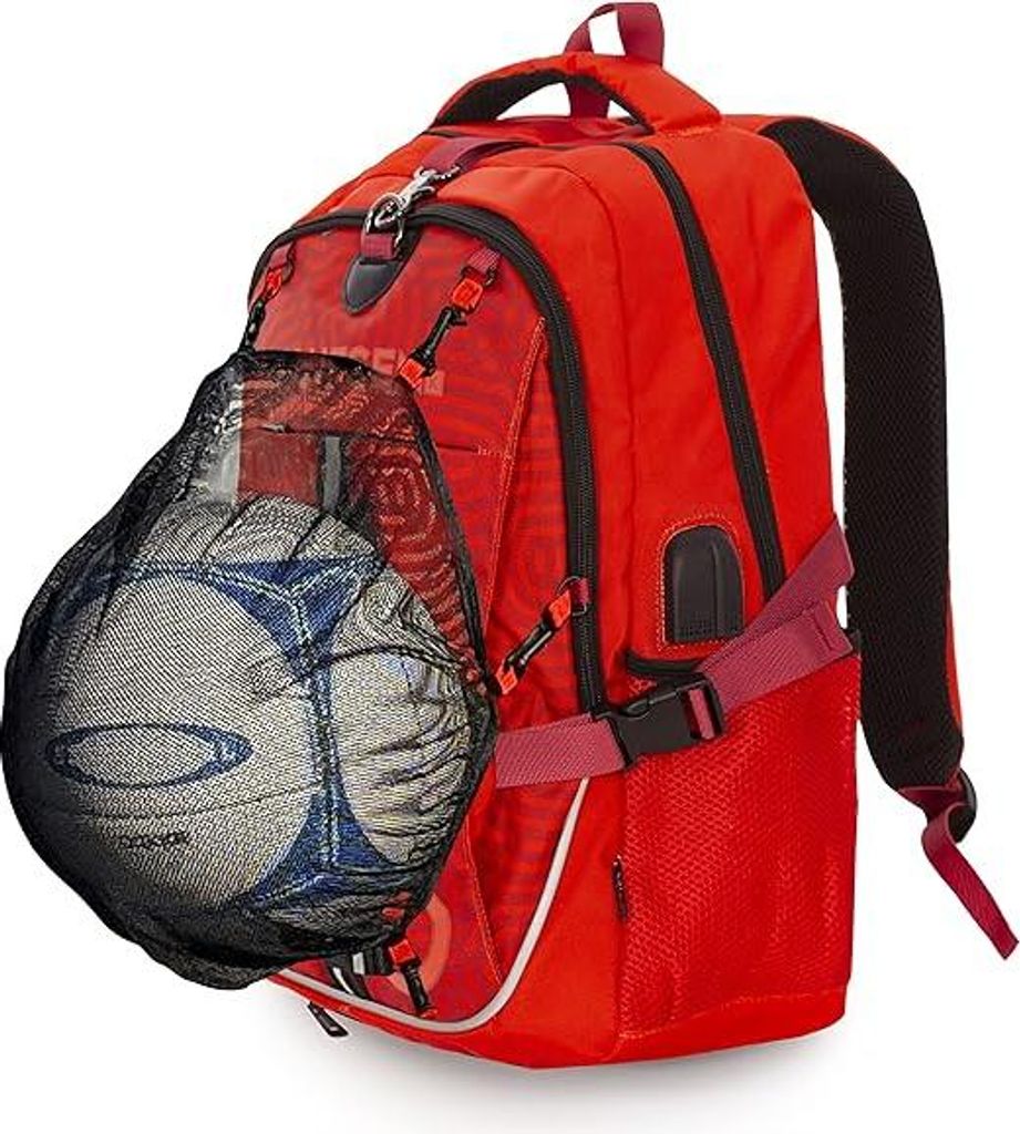 Kinderrucksack Abnehmbarer Ball Mesh Helm USB Port Sport Rot