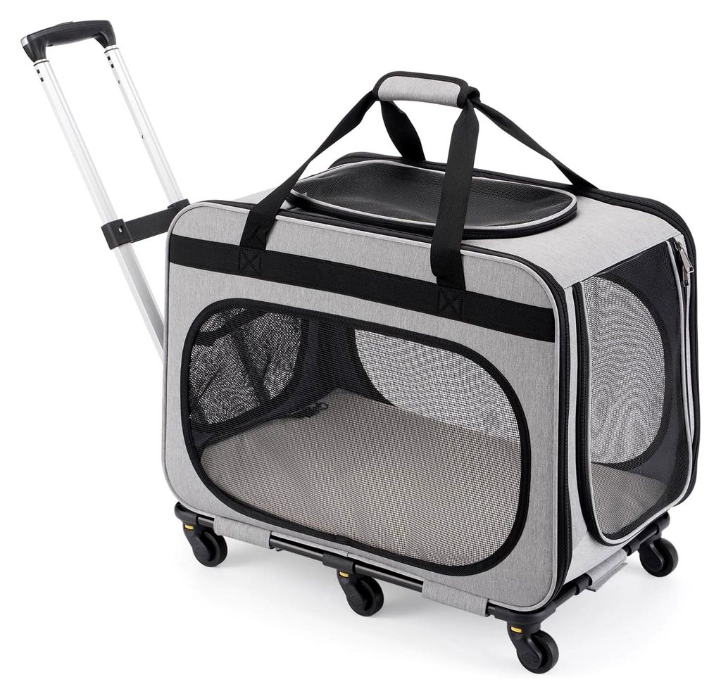 Transportbox für Katzen bis 20 kg, 2-in-1 Hundetransportbox mit Rollen, faltbare Haustierreisetasche für Katzen und Hunde, Grau
