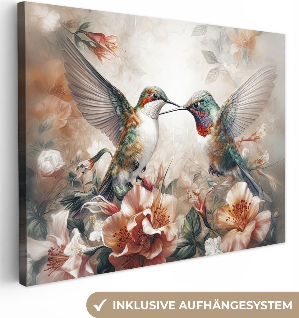 MuchoWow - Leinwandbilder - Kolibri - Vögel - Blumen - Natur, Wandbild, Wanddeko Bilder Wohnzimmer, 40x30 cm