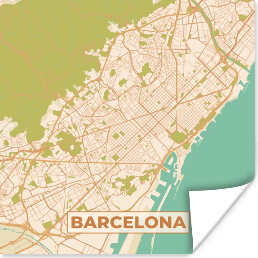 MuchoWow Poster Karte - Barcelona - Stadtplan - Vintage 75x75 cm - Wand Dekoration