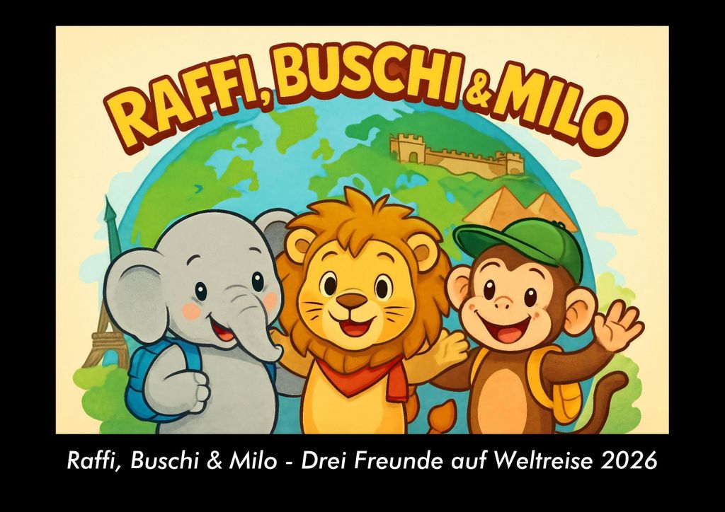 Raffi, Buschi & Milo - Drei Freunde auf Weltreise 2026 Fotokalender - Querformat DIN A3, Monatskalender mit Kinder-Motiven von Tieren, Reisen, Freu...