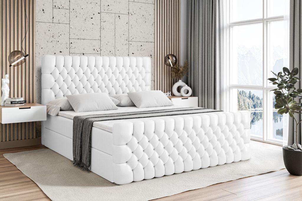 ALTDECOR Boxspringbett mit Fußteil, H4 Matratze und Topper - 200 x 200 cm - SERENE-Z - Weiß Kunstleder - Polsterbett mit Bettkasten und Lattenros...