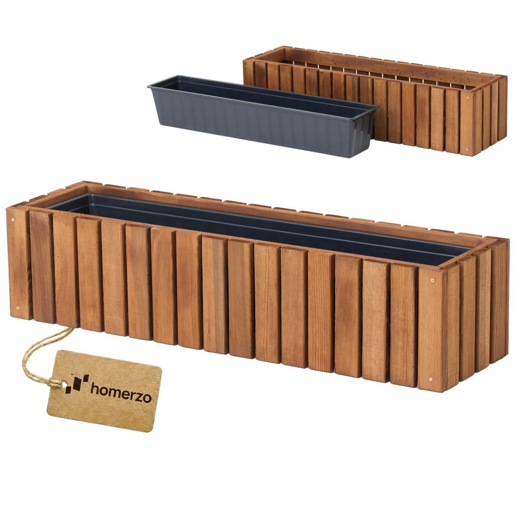 Holz Pflanzkasten Blumenkasten rechteckig – braun imprägniert, mit Kunststoff-Einsatz – Pflanzkübel für Balkon, Garten & Terrasse 86x23 H20