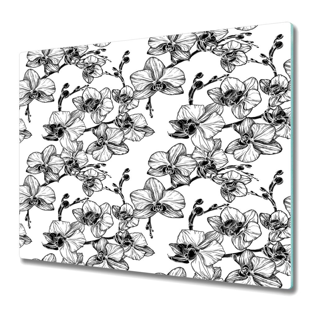 Küchenschneidebrett - Glasschneidebrett - Herdabdeckung - 60x52 - gezeichnete Orchideen