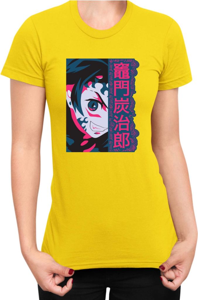 Damen T-Shirt Demon Anime Slayer Kimetsu No Yaiba Tanjiro Demon Face, Lady XS / Gelb
