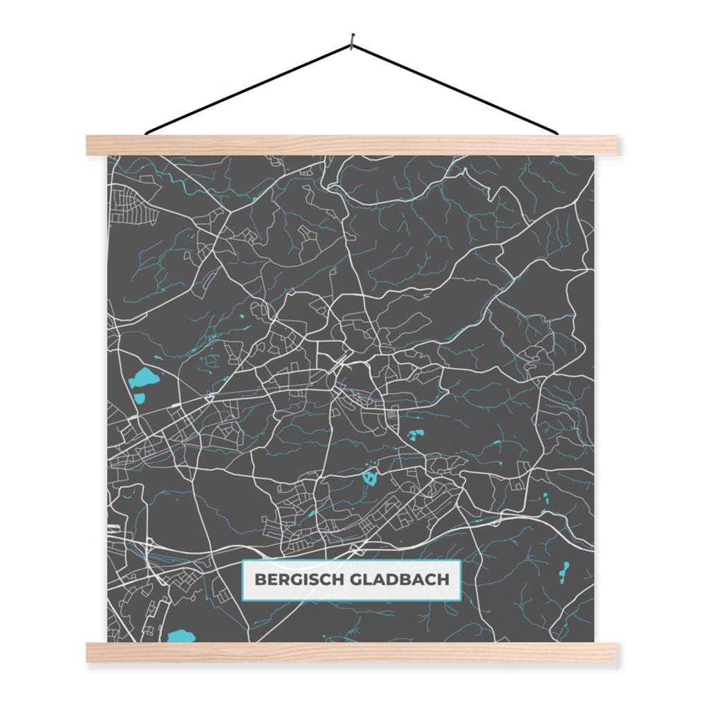 MuchoWow Textilposter Bergisch Gladbach - Stadtplan - Blau - Karte - Deutschland 40x40 cm mit holzfarbenen Rahmen - Posterleiste