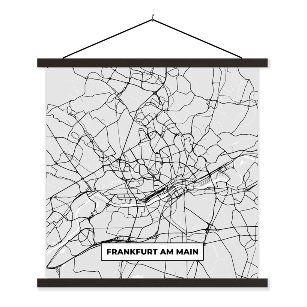 MuchoWow Textilposter Stadtplan - Deutschland - Karte - Frankfurt am Main 60x60 cm mit schwarzem Rahmen - Posteraufhänger