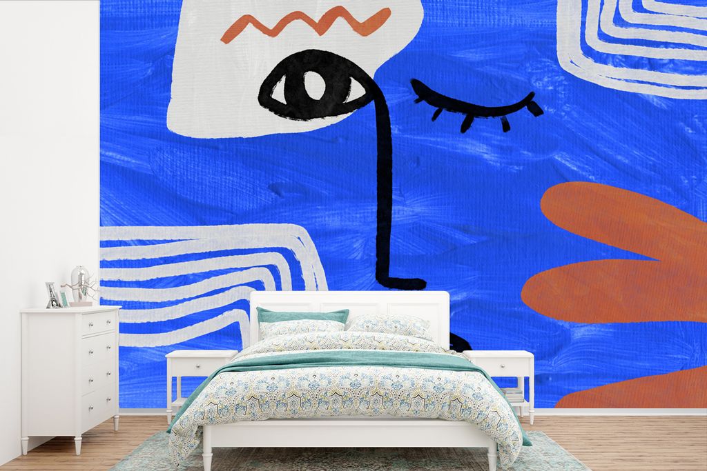 MuchoWow Fototapete für Wohnzimmer oder Schlafzimmer Wandtapete Vinyl Motivtapete Gesicht - Blau - Abstrakt - 390x260 cm - Papiertapete