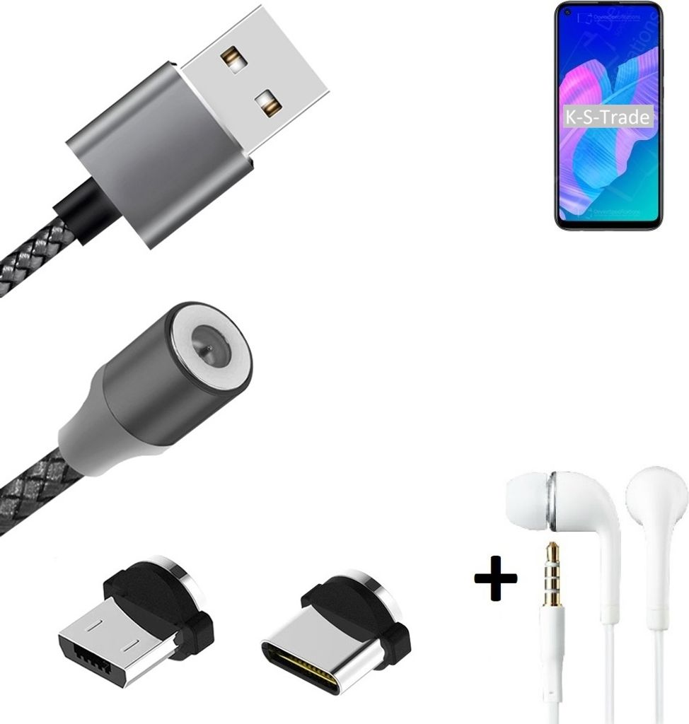 K-S-Trade Hochwertiges Magnet-Lade-kabel Sync-Kabel Daten-Kabel + Kopfhörer für Huawei Y7p mit USB-Typ-C-Anschluss und Micro-USB-Anschluss 2A bis