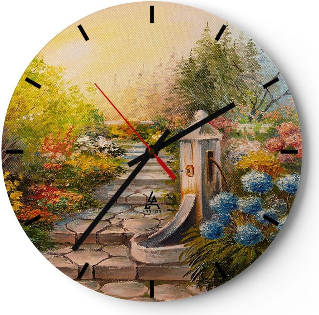 Wanduhr - Rund - Glasuhr - Garten Blumen Sommer - 30x30cm - Schleichendes Uhrwerk - Lautlos - zum Aufhängen bereit - Dekoration Modern - Wanddekor...